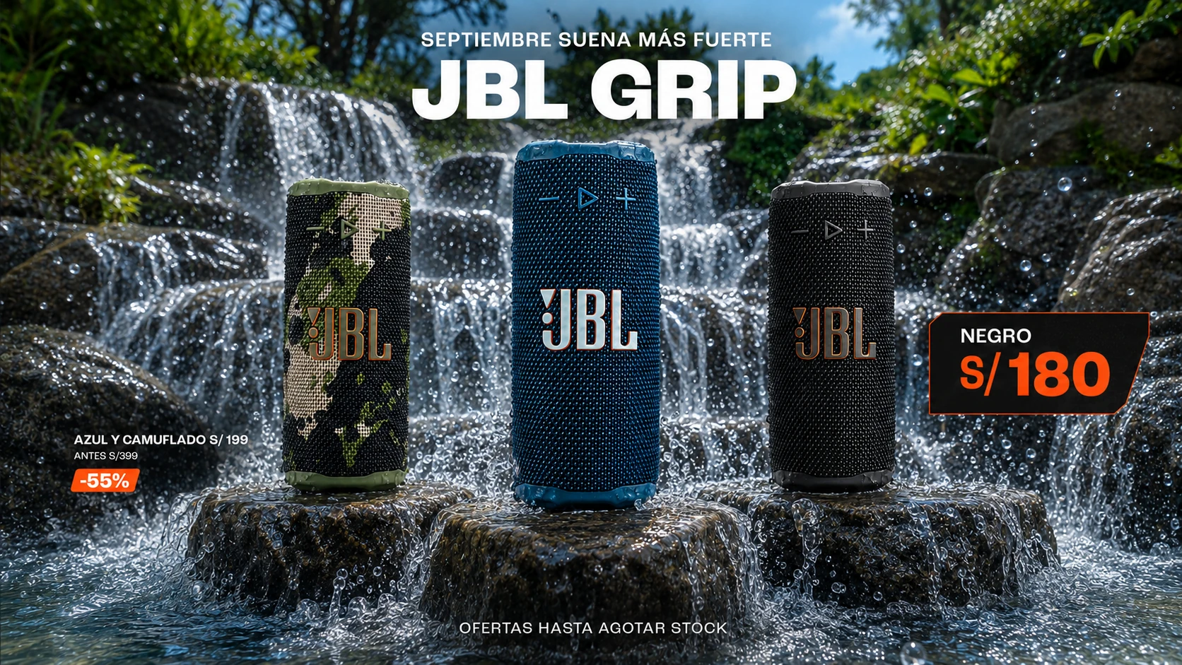JBL Grip negro a S/180 y colores azul y camuflado a S/199